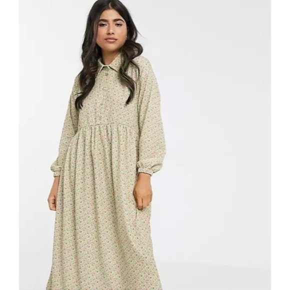 ASOS Womens long sleeve smock shirt dress 14 green ditsy Floral Maxi Cottagecore - Picture 3 of 11